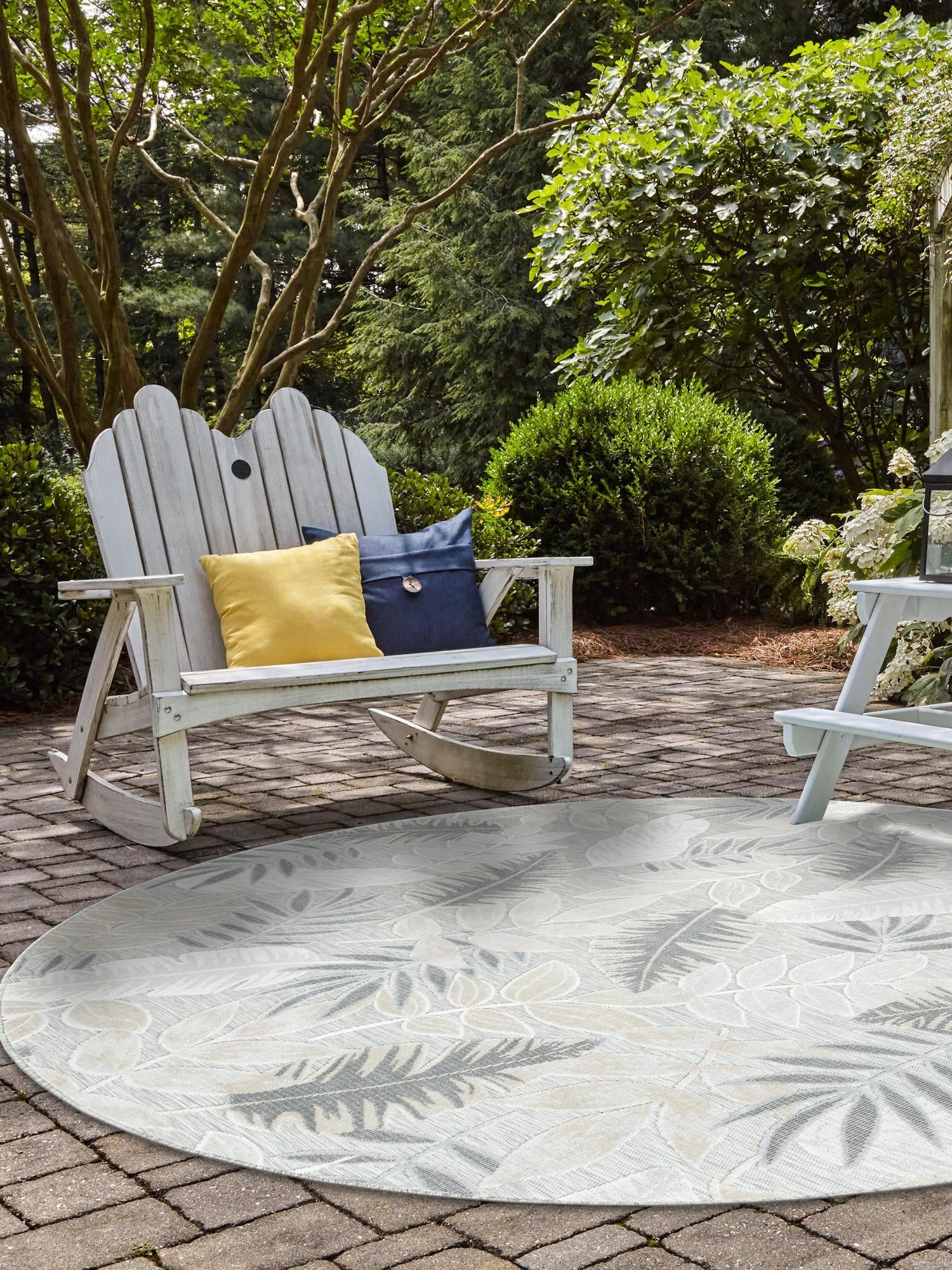 Gray 4' 5 x 4' 5 Outdoor Botanical Round Area Rug Weather Resistant for Patio, Deck, Terrace, Balcony, Porch Polypropylene Garden Floral Tropical Carpet for Sale at Rug Engine