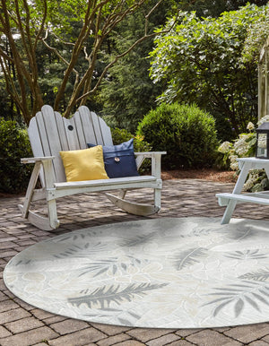 Gray 4' 5 x 4' 5 Outdoor Botanical Round Area Rug Weather Resistant for Patio, Deck, Terrace, Balcony, Porch Polypropylene Garden Floral Tropical Carpet for Sale at Rug Engine
