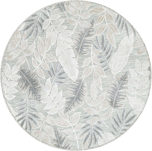 Gray 4' 5 x 4' 5 Outdoor Botanical Round Area Rug Weather Resistant for Patio, Deck, Terrace, Balcony, Porch Polypropylene Garden Floral Tropical Carpet for Sale at Rug Engine