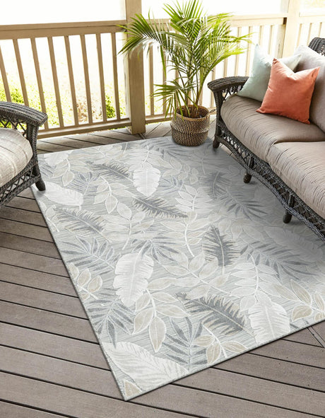 Gray 6' 4 x 9' Outdoor Botanical Rectangle Area Rug Weather Resistant for Patio, Deck, Terrace, Balcony, Porch