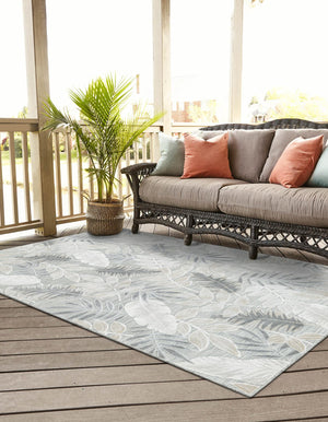 Gray 6' 4 x 9' Outdoor Botanical Rectangle Area Rug Weather Resistant for Patio, Deck, Terrace, Balcony, Porch
