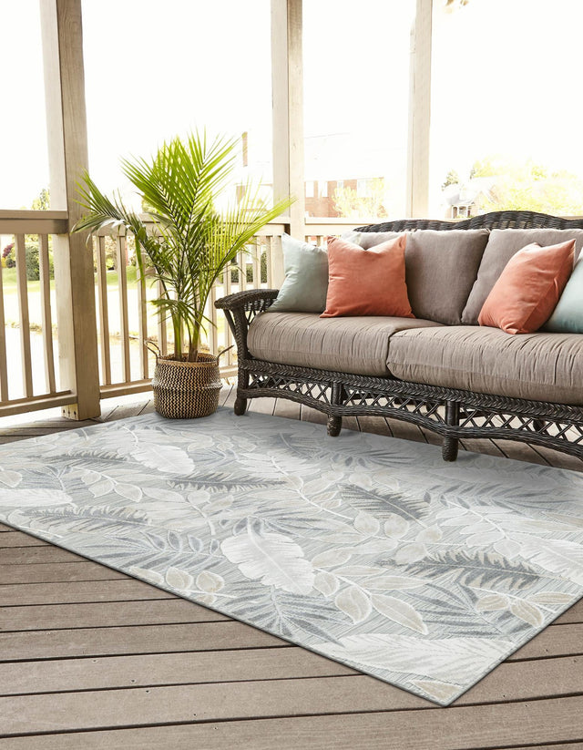 Gray 6' 4 x 9' Outdoor Botanical Rectangle Area Rug Weather Resistant for Patio, Deck, Terrace, Balcony, Porch