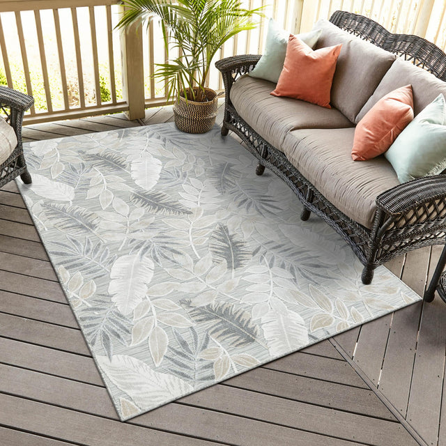 Gray 8' 2 x 10' Outdoor Botanical Rectangle Area Rug Weather Resistant for Patio, Deck, Terrace, Balcony, Porch Polypropylene Garden Floral Tropical Carpet for Sale at Rug Engine