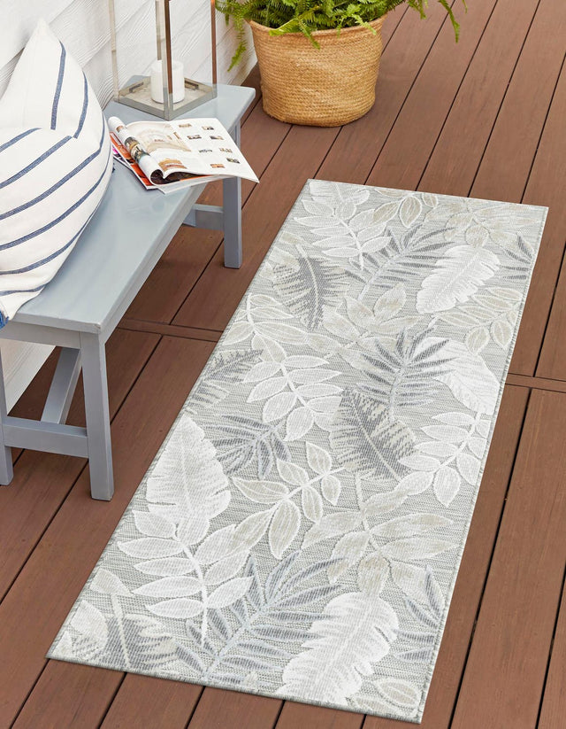 Gray 2' 7 x 12' Outdoor Botanical Runner Area Rug Weather Resistant for Patio, Deck, Terrace, Balcony, Porch Polypropylene Garden Floral Tropical Carpet for Sale at Rug Engine