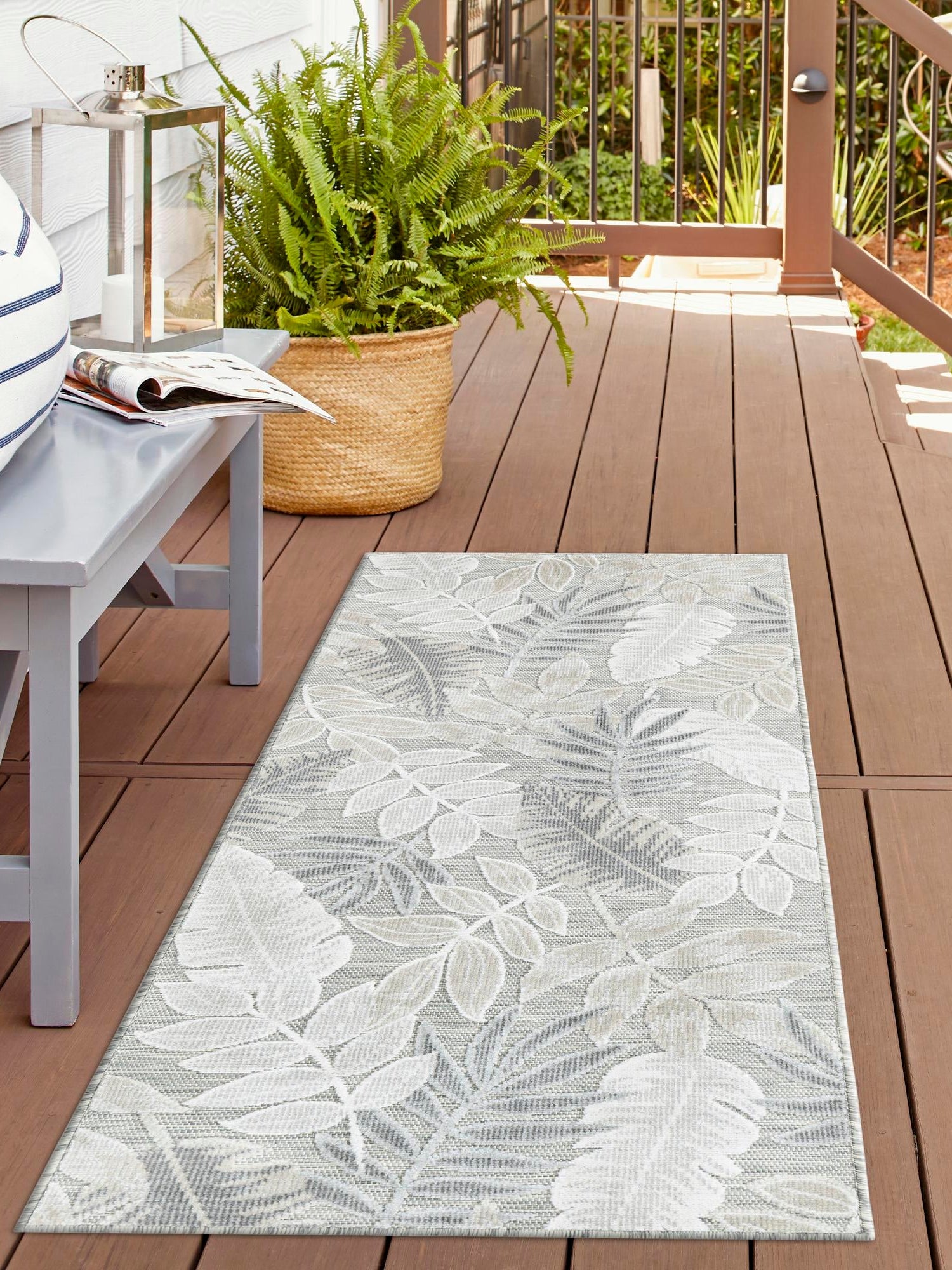 Gray 2' 2 x 8' Outdoor Botanical Runner Area Rug Weather Resistant for Patio, Deck, Terrace, Balcony, Porch Polypropylene Garden Floral Tropical Carpet for Sale at Rug Engine