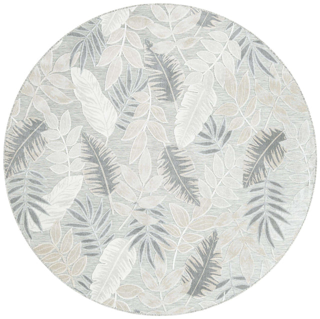 Gray 8' 2 x 8' 2 Outdoor Botanical Round Area Rug Weather Resistant for Patio, Deck, Terrace, Balcony, Porch Polypropylene Garden Floral Tropical Carpet for Sale at Rug Engine