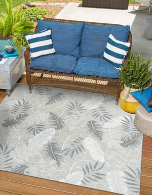 Gray 8' 2 x 8' 2 Outdoor Botanical Square Area Rug Weather Resistant for Patio, Deck, Terrace, Balcony, Porch Polypropylene Garden Floral Tropical Carpet for Sale at Rug Engine