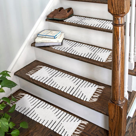 13 pcs White 0' 9 x 2' 6 Chindi Cotton Indoor Stair Treads Accent Area Rug Staircase Set Interior Design Home Decor Carpet Mat for Sale at Rug Engine