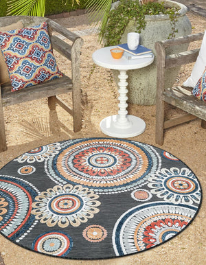 Black 8' 2 x 8' 2 Outdoor Botanical Round Area Rug Weather Resistant for Patio, Deck, Terrace, Balcony, Porch Polypropylene Garden Floral Tropical Carpet for Sale at Rug Engine