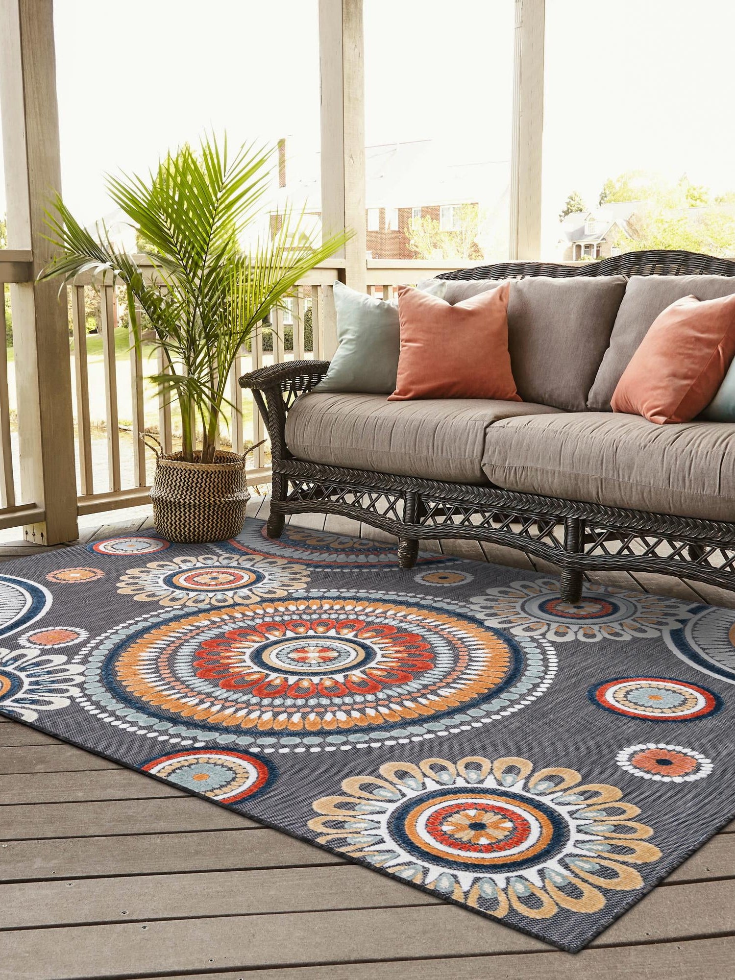 Black 5' 2 x 8' Outdoor Botanical Rectangle Area Rug Weather Resistant for Patio, Deck, Terrace, Balcony, Porch Polypropylene Garden Floral Tropical Carpet for Sale at Rug Engine