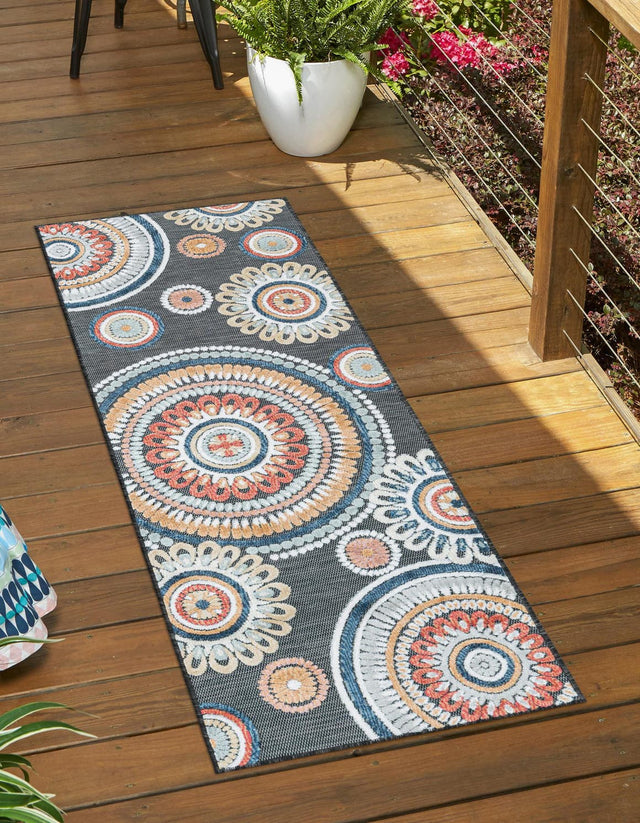 Black 2' 2 x 8' Outdoor Botanical Runner Area Rug Weather Resistant for Patio, Deck, Terrace, Balcony, Porch Polypropylene Garden Floral Tropical Carpet for Sale at Rug Engine