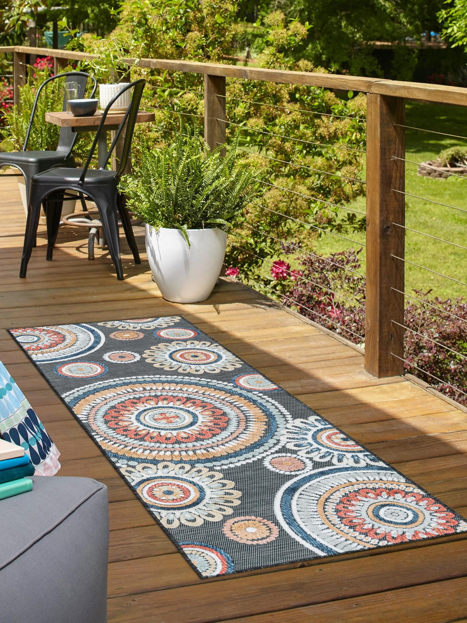 Black 2' 2 x 6' 1 Outdoor Botanical Runner Area Rug Weather Resistant for Patio, Deck, Terrace, Balcony, Porch Polypropylene Garden Floral Tropical Carpet for Sale at Rug Engine