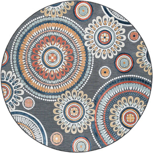 Black 8' 2 x 8' 2 Outdoor Botanical Round Area Rug Weather Resistant for Patio, Deck, Terrace, Balcony, Porch Polypropylene Garden Floral Tropical Carpet for Sale at Rug Engine