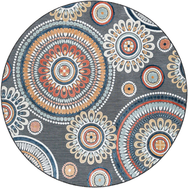 Black 8' 2 x 8' 2 Outdoor Botanical Round Area Rug Weather Resistant for Patio, Deck, Terrace, Balcony, Porch Polypropylene Garden Floral Tropical Carpet for Sale at Rug Engine