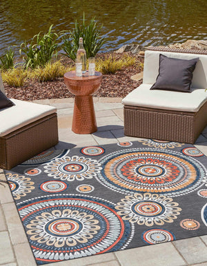 Black 8' 2 x 8' 2 Outdoor Botanical Square Area Rug Weather Resistant for Patio, Deck, Terrace, Balcony, Porch Polypropylene Garden Floral Tropical Carpet for Sale at Rug Engine
