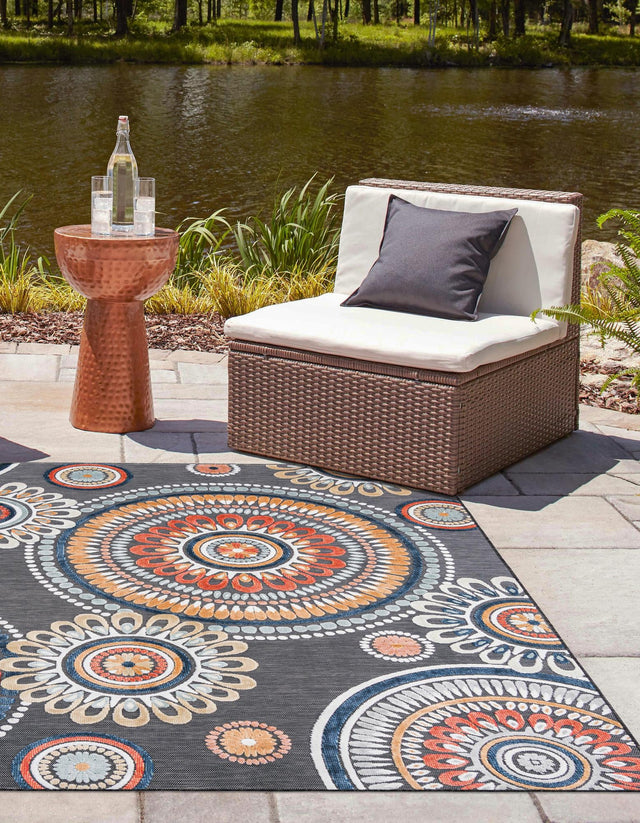 Black 8' 2 x 8' 2 Outdoor Botanical Square Area Rug Weather Resistant for Patio, Deck, Terrace, Balcony, Porch Polypropylene Garden Floral Tropical Carpet for Sale at Rug Engine