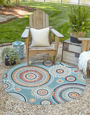 Light Blue 8' 2 x 8' 2 Outdoor Botanical Round Area Rug Weather Resistant for Patio, Deck, Terrace, Balcony, Porch Polypropylene Garden Floral Tropical Carpet for Sale at Rug Engine