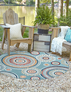 Light Blue 8' 2 x 8' 2 Outdoor Botanical Round Area Rug Weather Resistant for Patio, Deck, Terrace, Balcony, Porch Polypropylene Garden Floral Tropical Carpet for Sale at Rug Engine