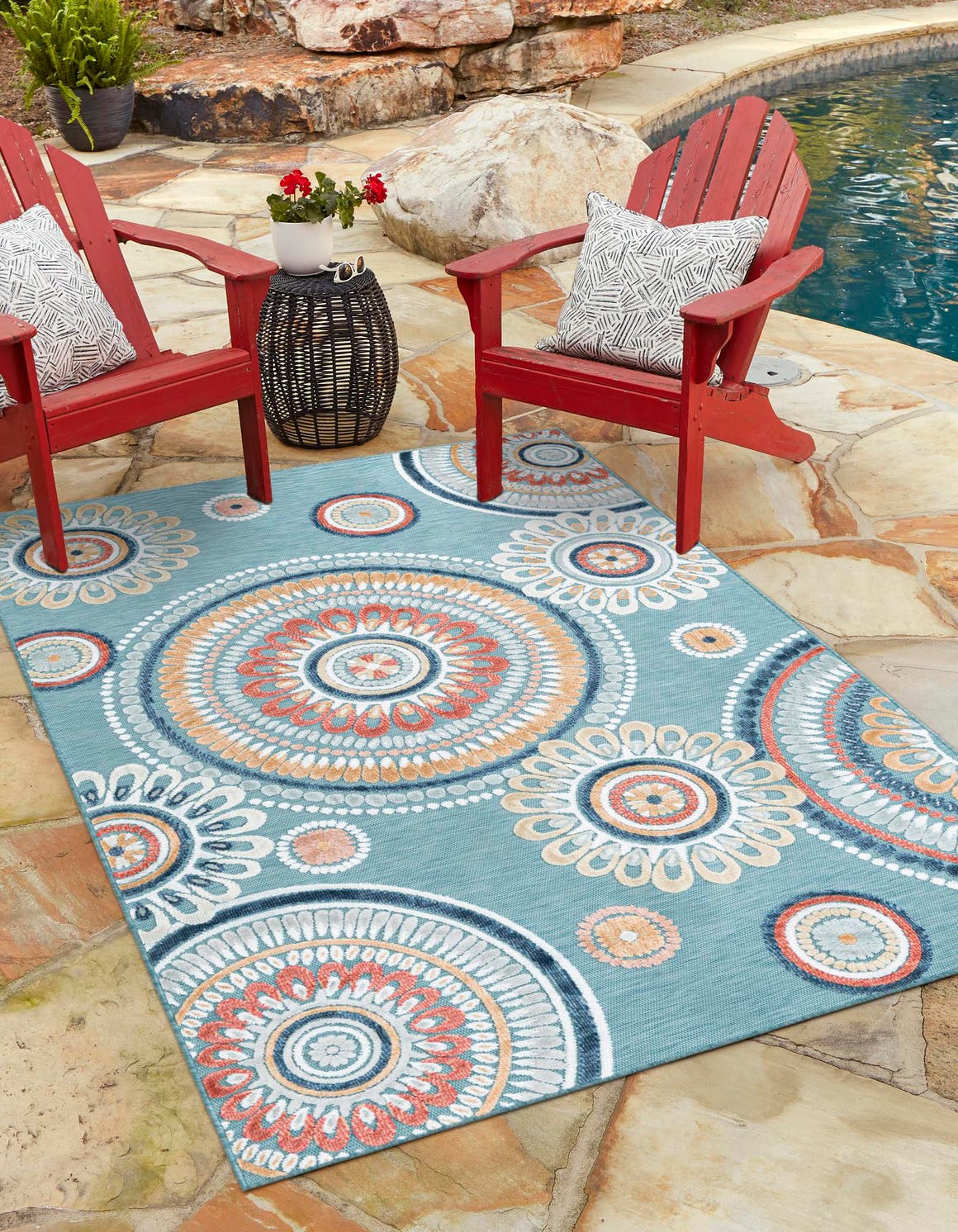 Light Blue 6' 4 x 9' Outdoor Botanical Rectangle Area Rug Weather Resistant for Patio, Deck, Terrace, Balcony, Porch Polypropylene Garden Floral Tropical Carpet for Sale at Rug Engine