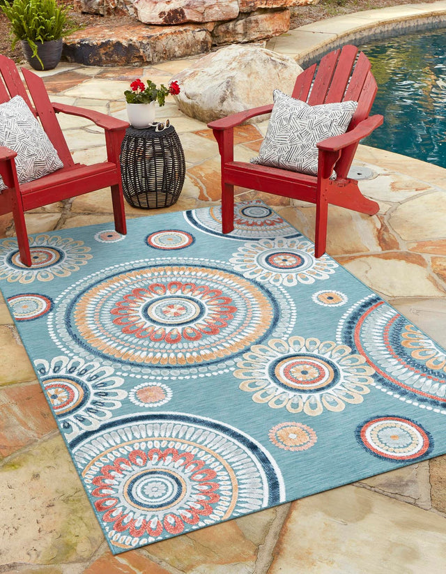 Light Blue 9' 9 x 12' Outdoor Botanical Rectangle Area Rug Weather Resistant for Patio, Deck, Terrace, Balcony, Porch Polypropylene Garden Floral Tropical Carpet for Sale at Rug Engine
