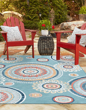 Light Blue 5' 2 x 8' Outdoor Botanical Rectangle Area Rug Weather Resistant for Patio, Deck, Terrace, Balcony, Porch Polypropylene Garden Floral Tropical Carpet for Sale at Rug Engine