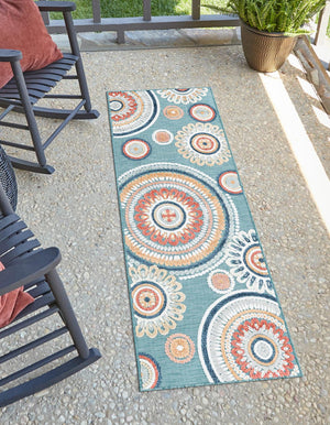 Light Blue 2' 2 x 8' Outdoor Botanical Runner Area Rug Weather Resistant for Patio, Deck, Terrace, Balcony, Porch Polypropylene Garden Floral Tropical Carpet for Sale at Rug Engine