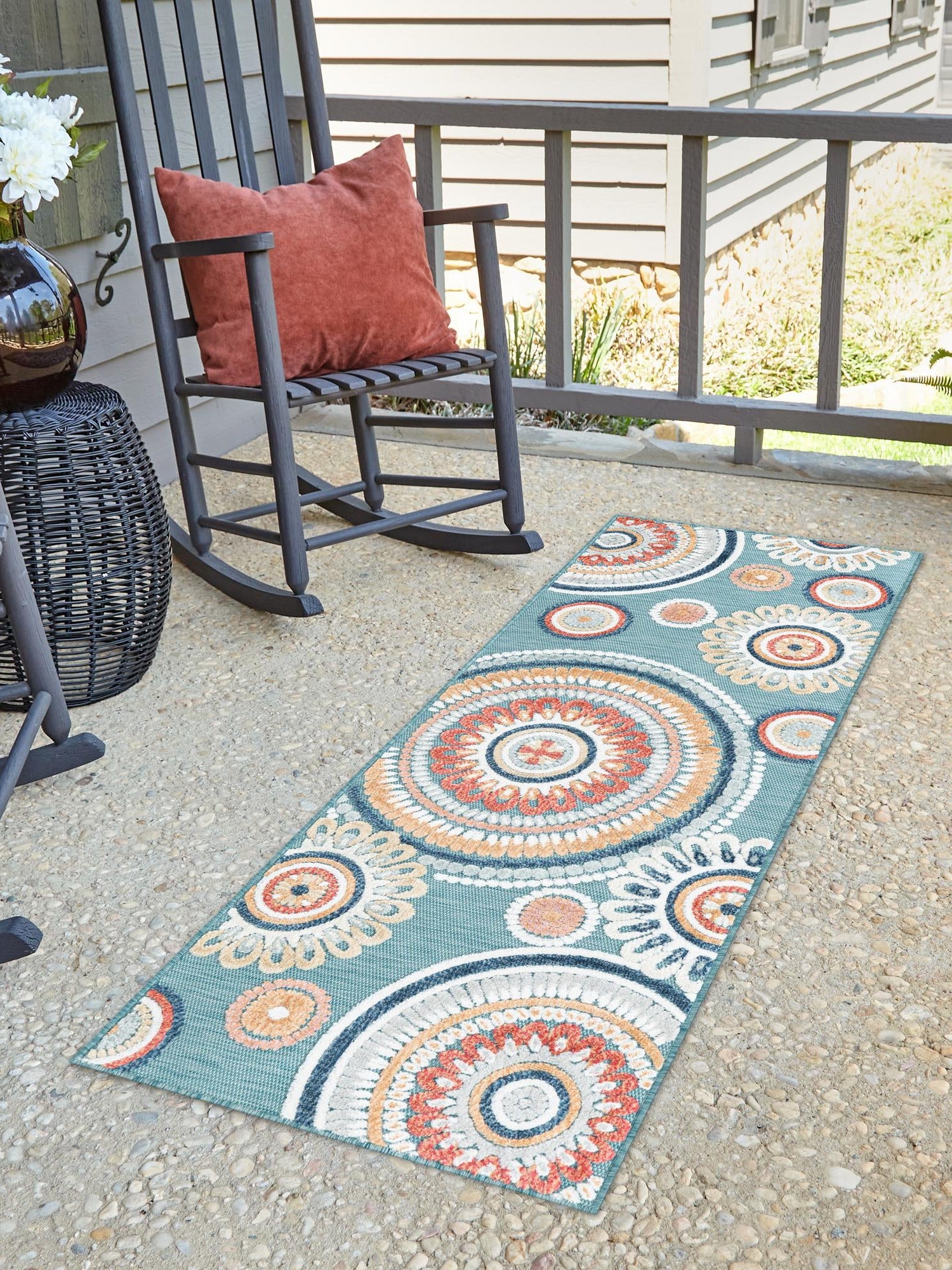 Light Blue 2' 2 x 6' 1 Outdoor Botanical Runner Area Rug Weather Resistant for Patio, Deck, Terrace, Balcony, Porch Polypropylene Garden Floral Tropical Carpet for Sale at Rug Engine