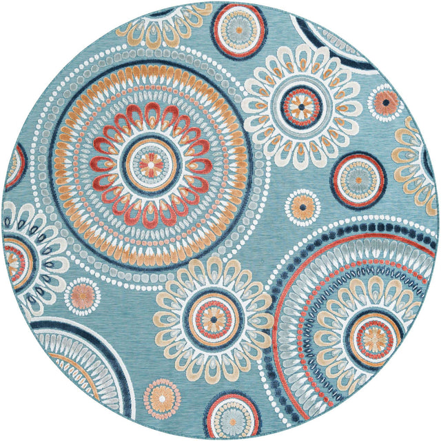 Light Blue 8' 2 x 8' 2 Outdoor Botanical Round Area Rug Weather Resistant for Patio, Deck, Terrace, Balcony, Porch Polypropylene Garden Floral Tropical Carpet for Sale at Rug Engine