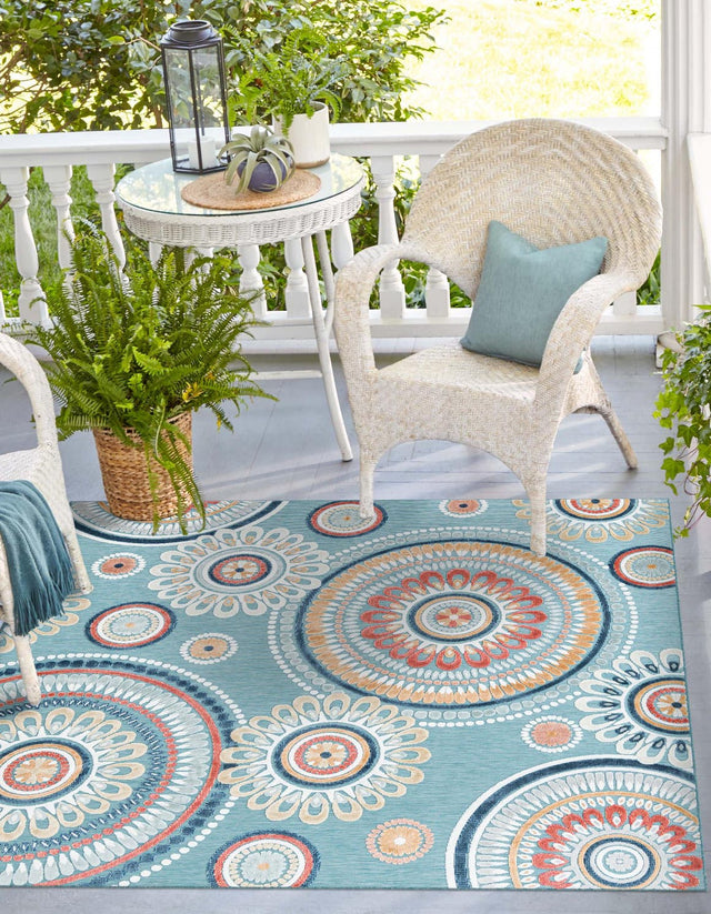 Light Blue 8' 2 x 8' 2 Outdoor Botanical Square Area Rug Weather Resistant for Patio, Deck, Terrace, Balcony, Porch Polypropylene Garden Floral Tropical Carpet for Sale at Rug Engine