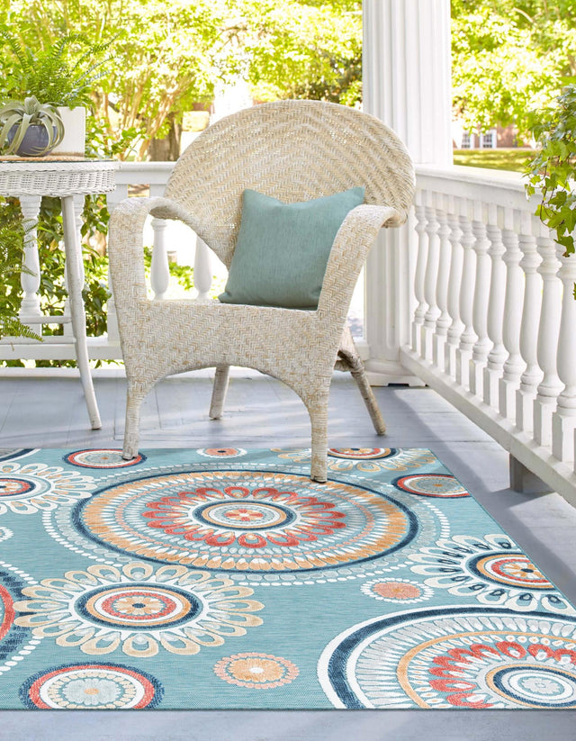Light Blue 8' 2 x 8' 2 Outdoor Botanical Square Area Rug Weather Resistant for Patio, Deck, Terrace, Balcony, Porch Polypropylene Garden Floral Tropical Carpet for Sale at Rug Engine