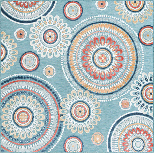 Light Blue 8' 2 x 8' 2 Outdoor Botanical Square Area Rug Weather Resistant for Patio, Deck, Terrace, Balcony, Porch Polypropylene Garden Floral Tropical Carpet for Sale at Rug Engine