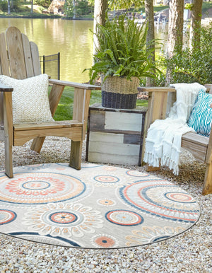 Gray 4' 5 x 4' 5 Outdoor Botanical Round Area Rug Weather Resistant for Patio, Deck, Terrace, Balcony, Porch Polypropylene Garden Floral Tropical Carpet for Sale at Rug Engine