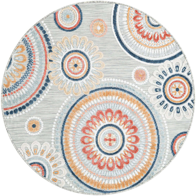 Gray 4' 5 x 4' 5 Outdoor Botanical Round Area Rug Weather Resistant for Patio, Deck, Terrace, Balcony, Porch Polypropylene Garden Floral Tropical Carpet for Sale at Rug Engine