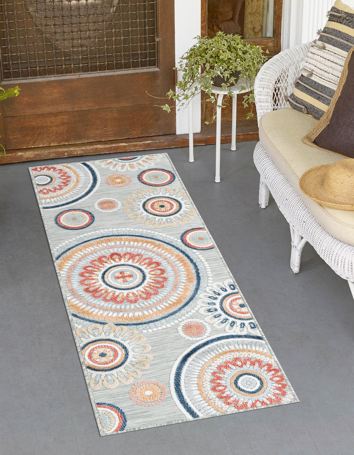 Gray 2' 2 x 5' 3 Outdoor Botanical Runner Area Rug Weather Resistant for Patio, Deck, Terrace, Balcony, Porch Polypropylene Garden Floral Tropical Carpet for Sale at Rug Engine