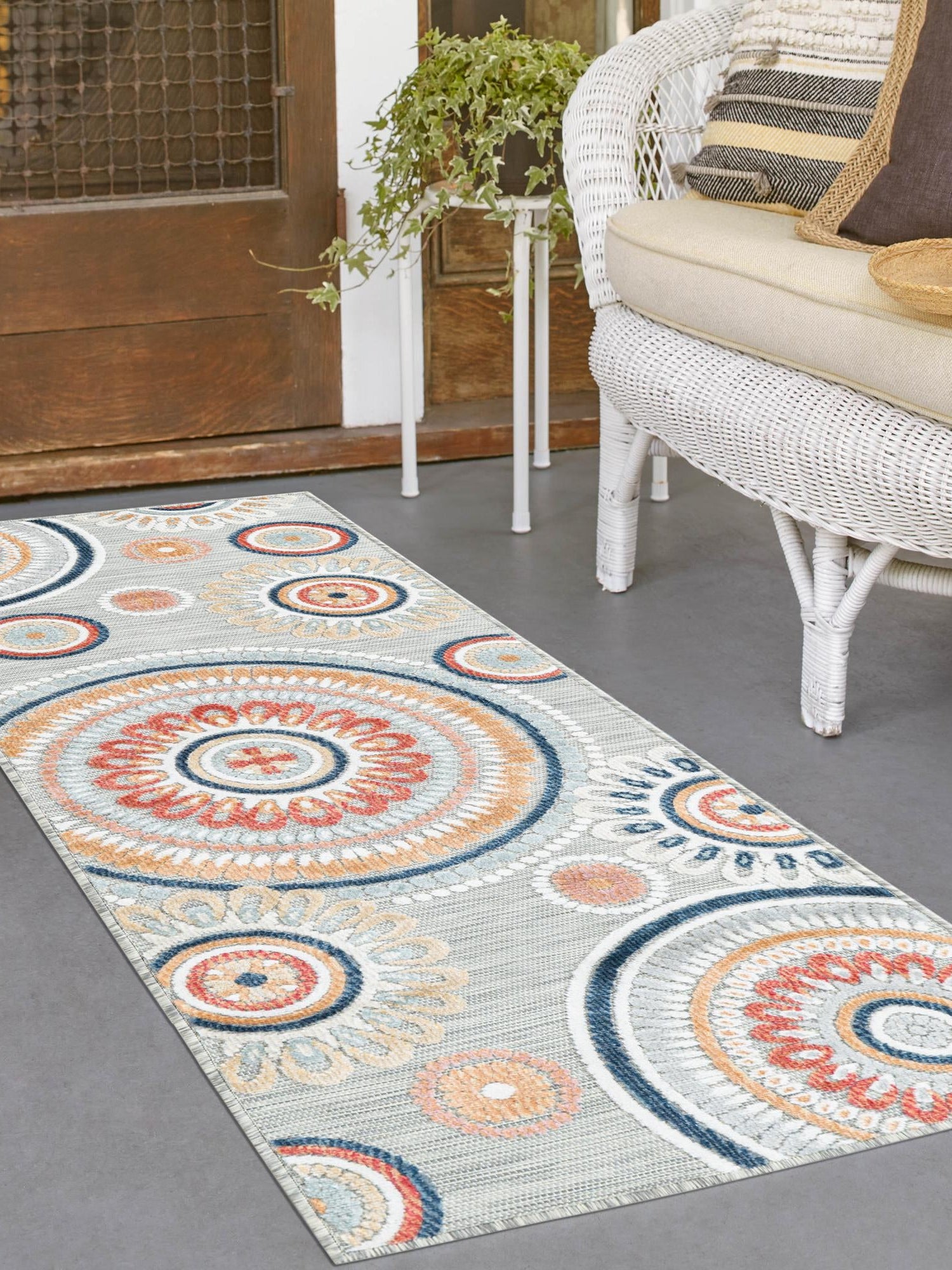 Gray 2' 7 x 12' Outdoor Botanical Runner Area Rug Weather Resistant for Patio, Deck, Terrace, Balcony, Porch Polypropylene Garden Floral Tropical Carpet for Sale at Rug Engine