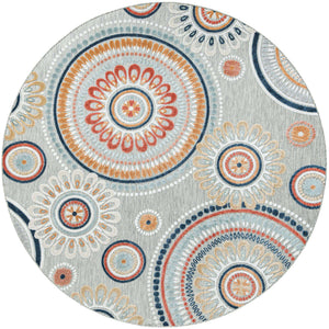 Gray 8' 2 x 8' 2 Outdoor Botanical Round Area Rug Weather Resistant for Patio, Deck, Terrace, Balcony, Porch Polypropylene Garden Floral Tropical Carpet for Sale at Rug Engine