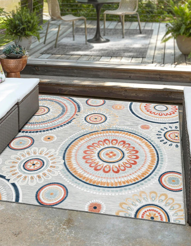 Gray 8' 2 x 8' 2 Outdoor Botanical Square Area Rug Weather Resistant for Patio, Deck, Terrace, Balcony, Porch Polypropylene Garden Floral Tropical Carpet for Sale at Rug Engine