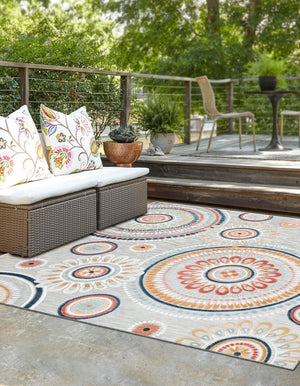 Gray 8' 2 x 8' 2 Outdoor Botanical Square Area Rug Weather Resistant for Patio, Deck, Terrace, Balcony, Porch Polypropylene Garden Floral Tropical Carpet for Sale at Rug Engine