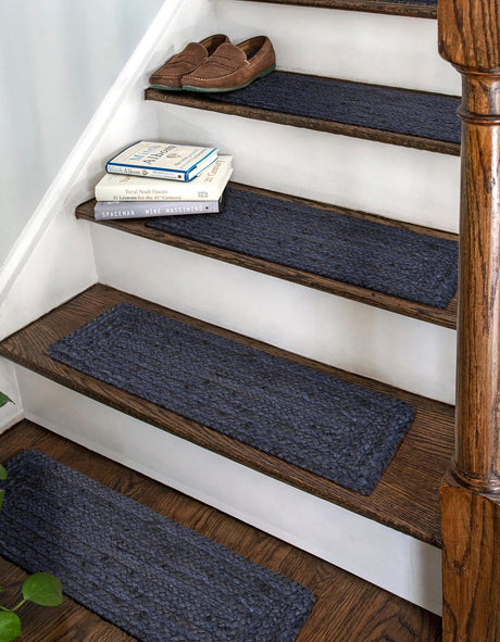 13 pcs Navy Blue 0' 9 x 2' 6 Braided Jute Indoor Stair Treads Accent Area Rug Staircase Set 100% Jute Hand Braided Natural Eco-Friendly Boho Style Carpet for Living Rooms Dining Office Space Dorms for Sale at Rug Engine