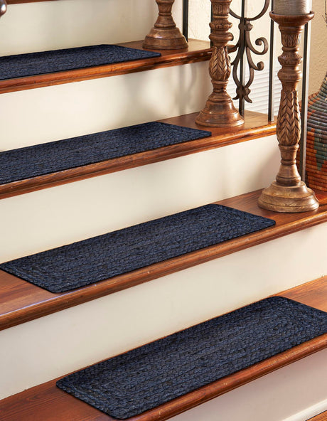 13 pcs Navy Blue 0' 9 x 2' 6 Braided Jute Indoor Stair Treads Accent Area Rug Staircase Set 100% Jute Hand Braided Natural Eco-Friendly Boho Style Carpet for Living Rooms Dining Office Space Dorms for Sale at Rug Engine