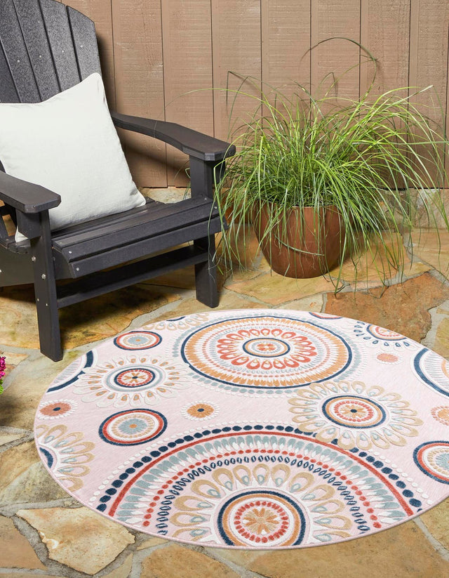 Pink 8' 2 x 8' 2 Outdoor Botanical Round Area Rug Weather Resistant for Patio, Deck, Terrace, Balcony, Porch Polypropylene Garden Floral Tropical Carpet for Sale at Rug Engine