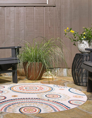 Pink 8' 2 x 8' 2 Outdoor Botanical Round Area Rug Weather Resistant for Patio, Deck, Terrace, Balcony, Porch Polypropylene Garden Floral Tropical Carpet for Sale at Rug Engine