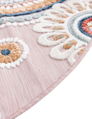 Pink 8' 2 x 8' 2 Outdoor Botanical Round Area Rug Weather Resistant for Patio, Deck, Terrace, Balcony, Porch Polypropylene Garden Floral Tropical Carpet for Sale at Rug Engine