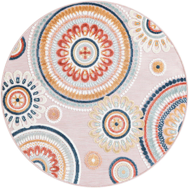 Pink 4' 5 x 4' 5 Outdoor Botanical Round Area Rug Weather Resistant for Patio, Deck, Terrace, Balcony, Porch Polypropylene Garden Floral Tropical Carpet for Sale at Rug Engine