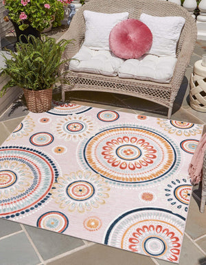 Pink 8' 2 x 8' 2 Outdoor Botanical Square Area Rug Weather Resistant for Patio, Deck, Terrace, Balcony, Porch Polypropylene Garden Floral Tropical Carpet for Sale at Rug Engine
