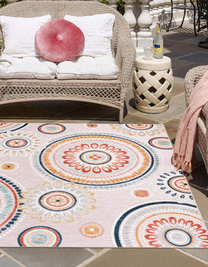 Pink 8' 2 x 8' 2 Outdoor Botanical Square Area Rug Weather Resistant for Patio, Deck, Terrace, Balcony, Porch Polypropylene Garden Floral Tropical Carpet for Sale at Rug Engine