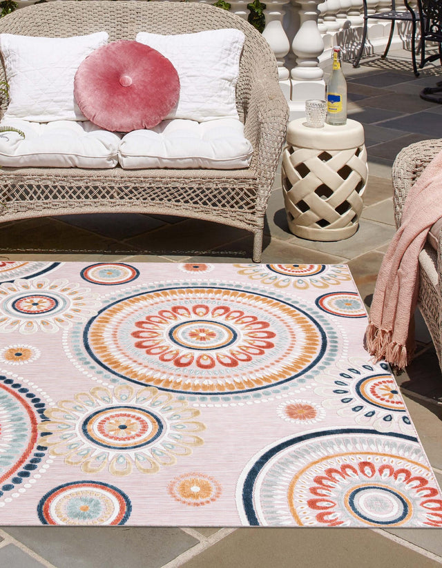 Pink 8' 2 x 8' 2 Outdoor Botanical Square Area Rug Weather Resistant for Patio, Deck, Terrace, Balcony, Porch Polypropylene Garden Floral Tropical Carpet for Sale at Rug Engine