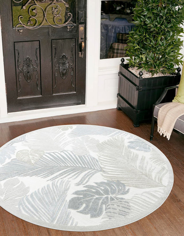 Gray 8' 2 x 8' 2 Outdoor Botanical Round Area Rug Weather Resistant for Patio, Deck, Terrace, Balcony, Porch Polypropylene Garden Floral Tropical Carpet for Sale at Rug Engine