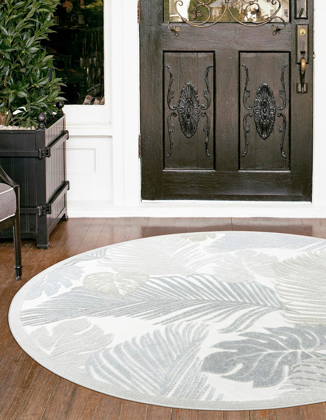 Gray 4' 5 x 4' 5 Outdoor Botanical Round Area Rug Weather Resistant for Patio, Deck, Terrace, Balcony, Porch Polypropylene Garden Floral Tropical Carpet for Sale at Rug Engine