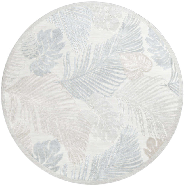 Gray 8' 2 x 8' 2 Outdoor Botanical Round Area Rug Weather Resistant for Patio, Deck, Terrace, Balcony, Porch Polypropylene Garden Floral Tropical Carpet for Sale at Rug Engine